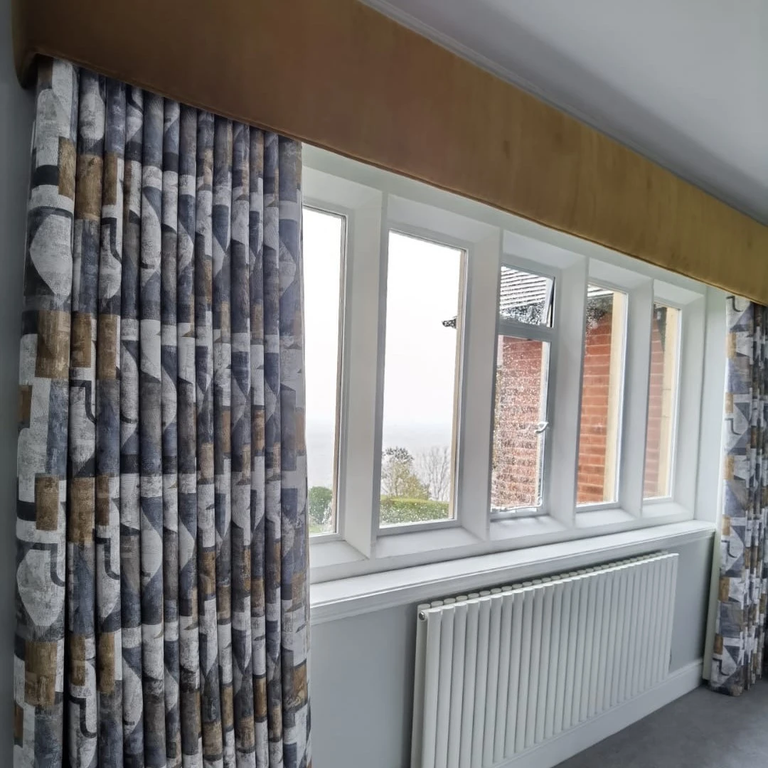 Grey & Mustard Patterned Curtains Made To Measure With Mustard Pelmet