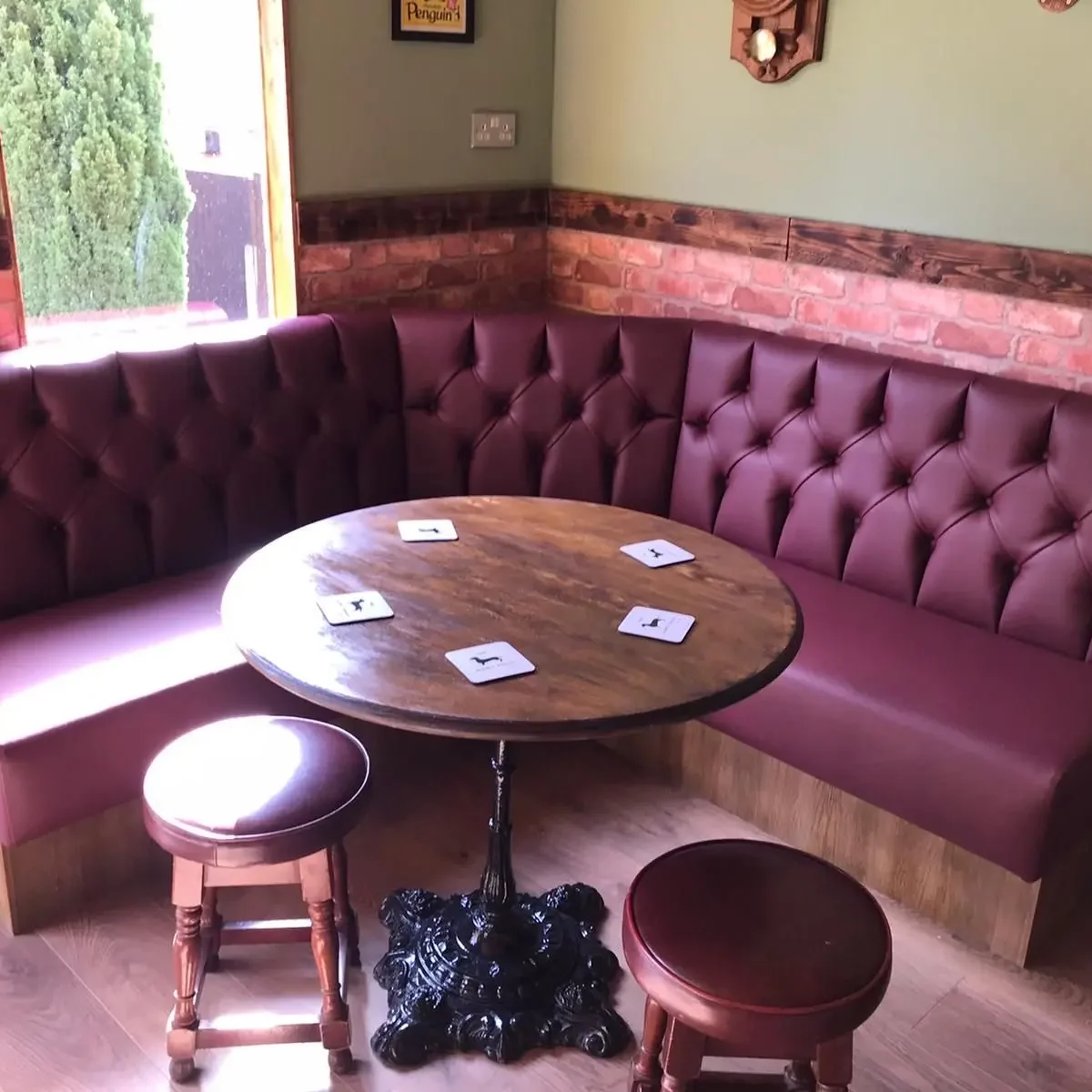 Classic Pub Bench Seating In Burgundy